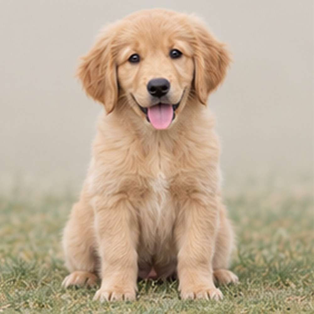 Three playful golden retriever puppies sitting on soft grass, cheerful expressions