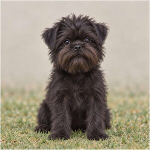 Small, wiry dog with a shaggy, black coat, standing alertly