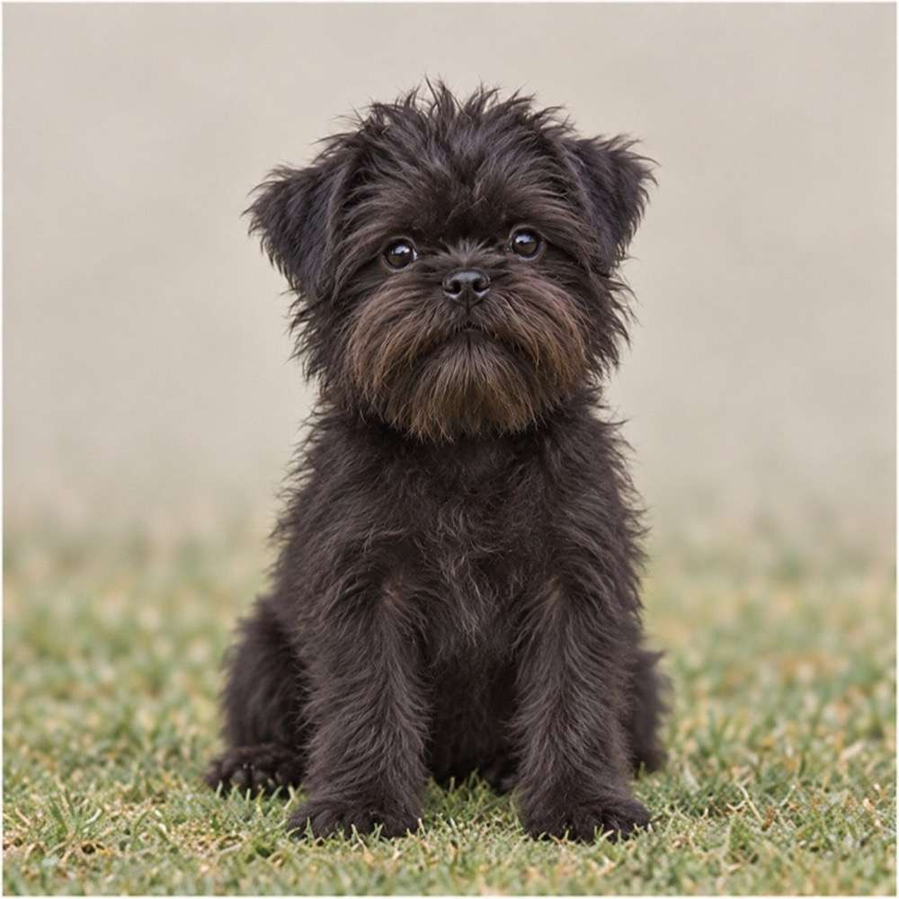 Small, wiry dog with a shaggy, black coat, standing alertly