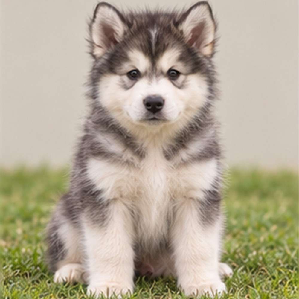 Fluffy gray and white Alaskan Malamute standing proudly in a snowy landscape