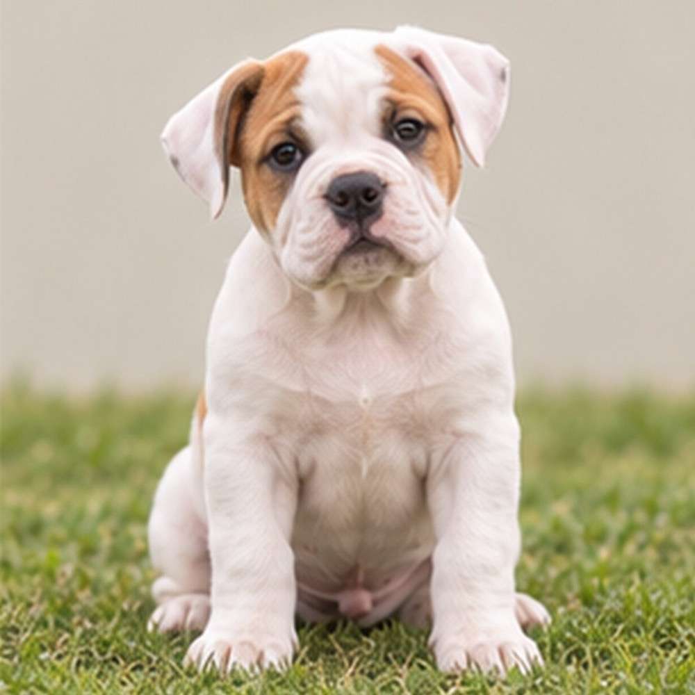 Muscular white dog with brown patches, standing alert in an outdoor setting