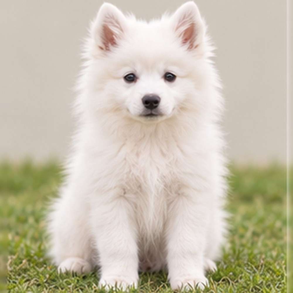 Fluffy white dog with pointed ears, standing proudly against a green background