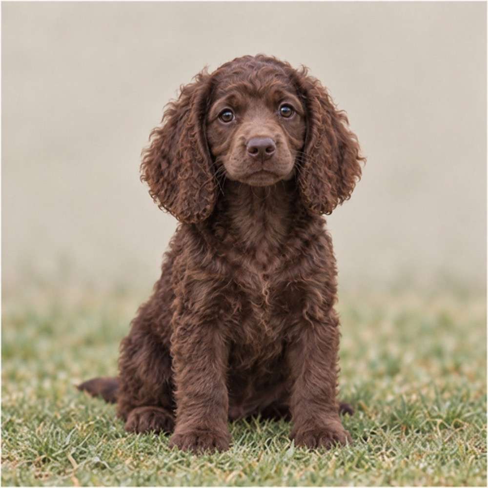 Brown, curly-coated dog standing proudly in a grassy field