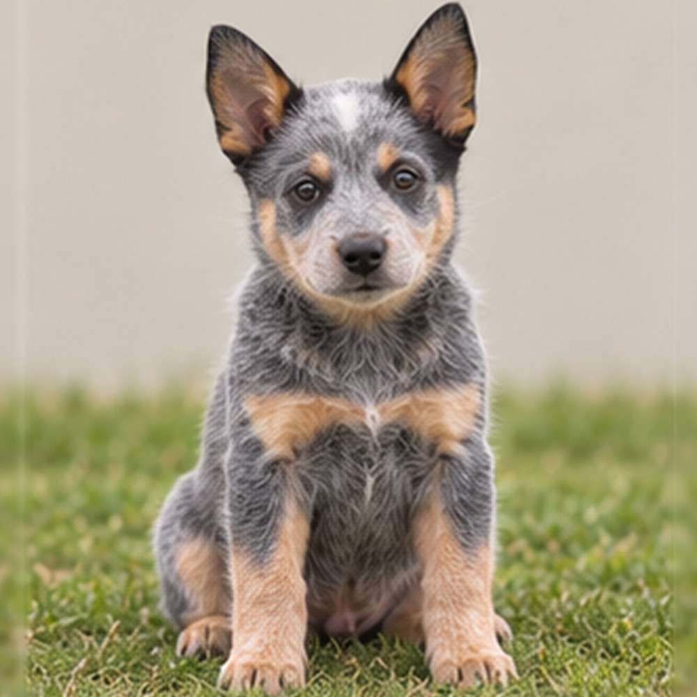 Blue and red speckled dog standing alert, ears perked, bushy tail raised