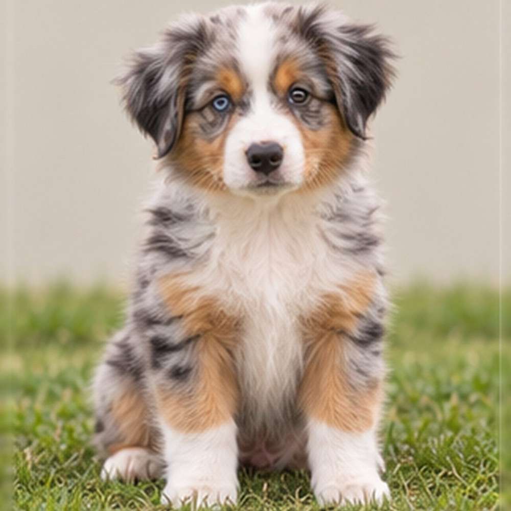 Merle-patterned dog with expressive eyes, sitting attentively on grass