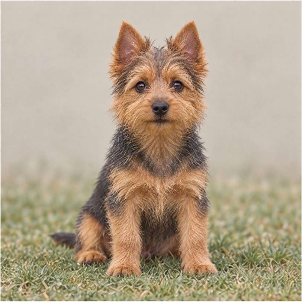 A small, rugged dog with a wiry coat, standing alert and playful