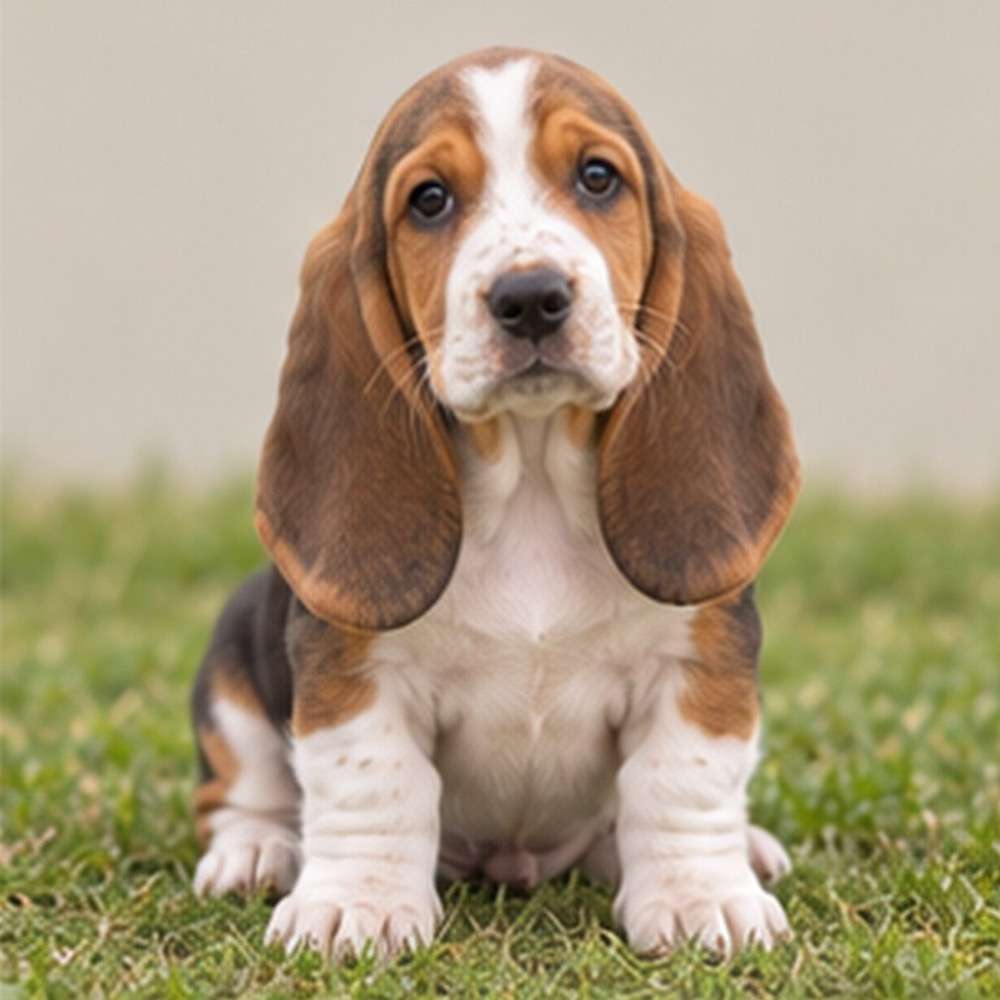 Basset Hound with short legs, long ears, and a sad expression sitting outdoors