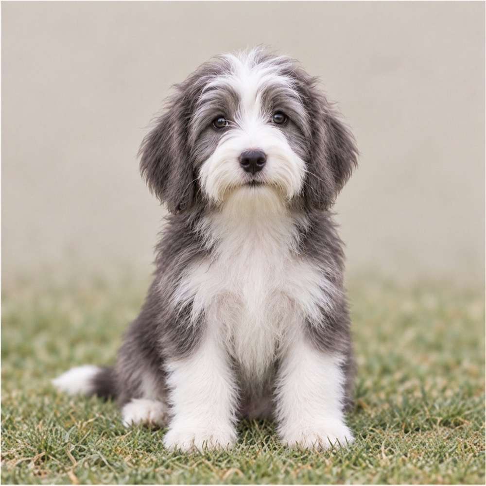 A scruffy, long-haired dog with a cheerful expression standing on grass