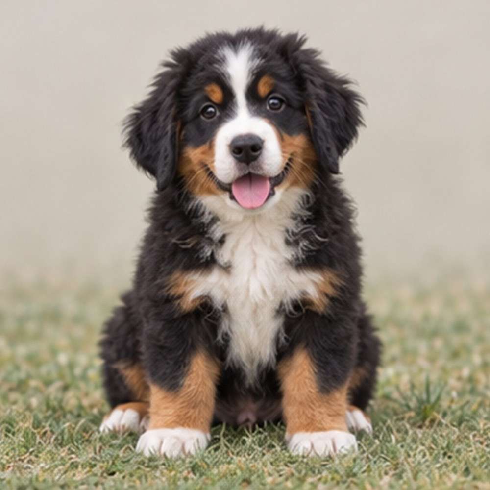 Large fluffy dog with a tricolor coat, sitting proudly in the grass