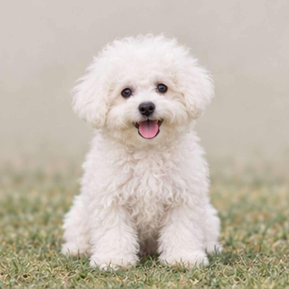 Fluffy white dog with a curly coat, sitting happily on grass