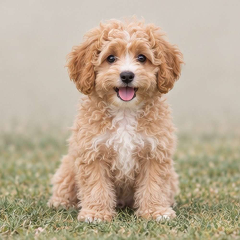 Fluffy white and cream Bichon Poo standing happily on grass