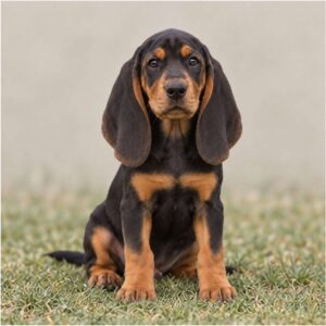 A Black and Tan Coonhound with a sleek coat, sitting proudly in a grassy field
