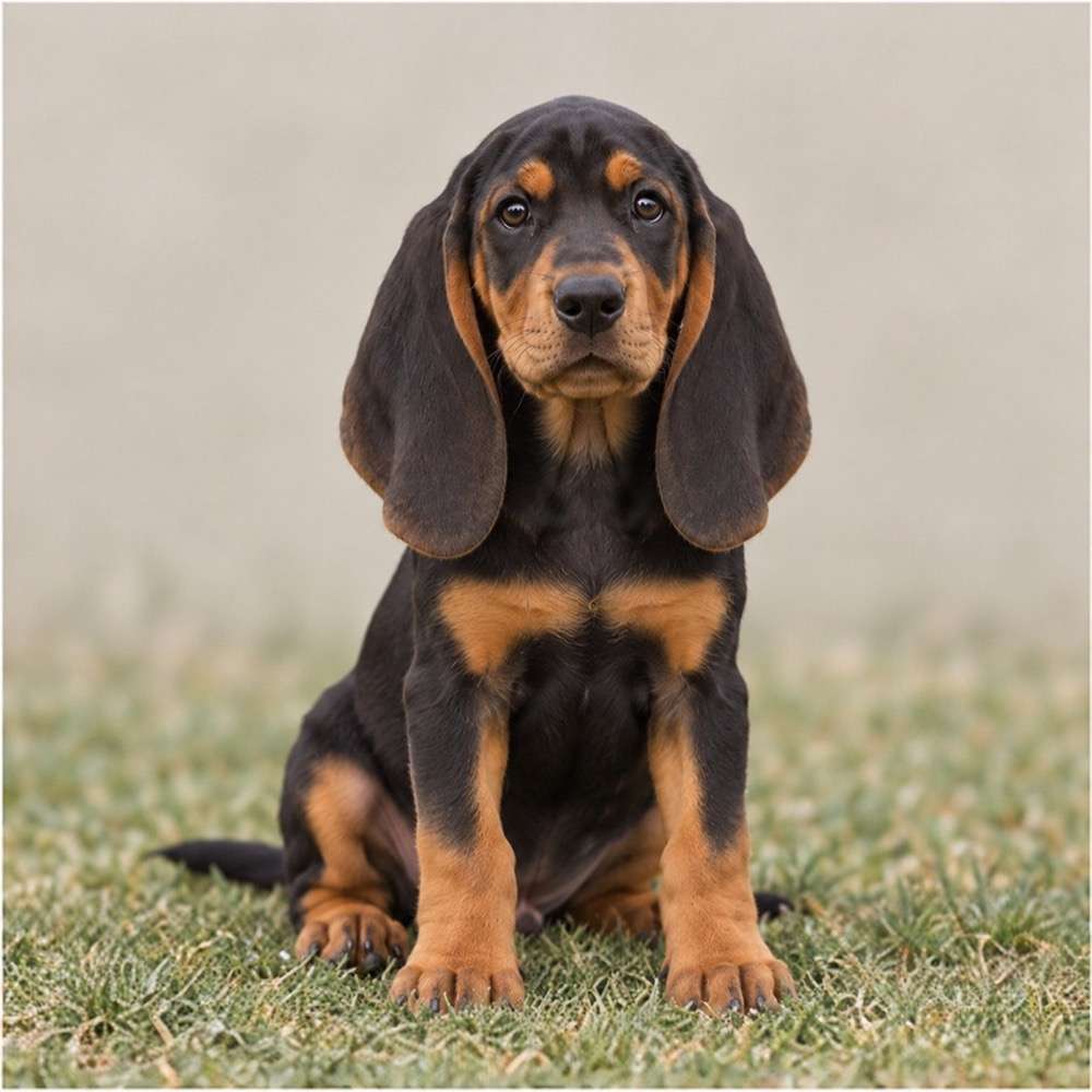 A Black and Tan Coonhound with a sleek coat, sitting proudly in a grassy field