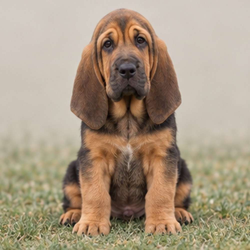 Large, droopy-eared dog with a sleek, reddish-brown coat, standing alert