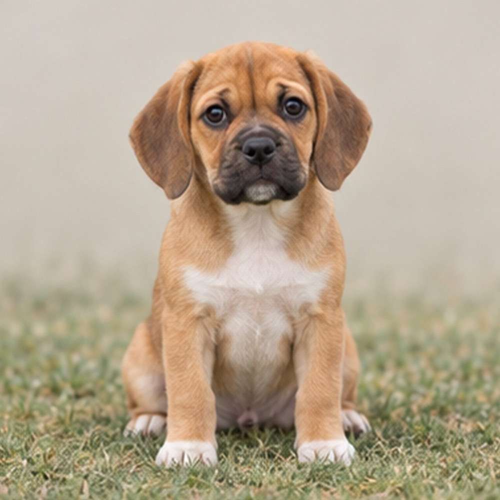 Playful dog with a brindle coat, standing attentively on grass