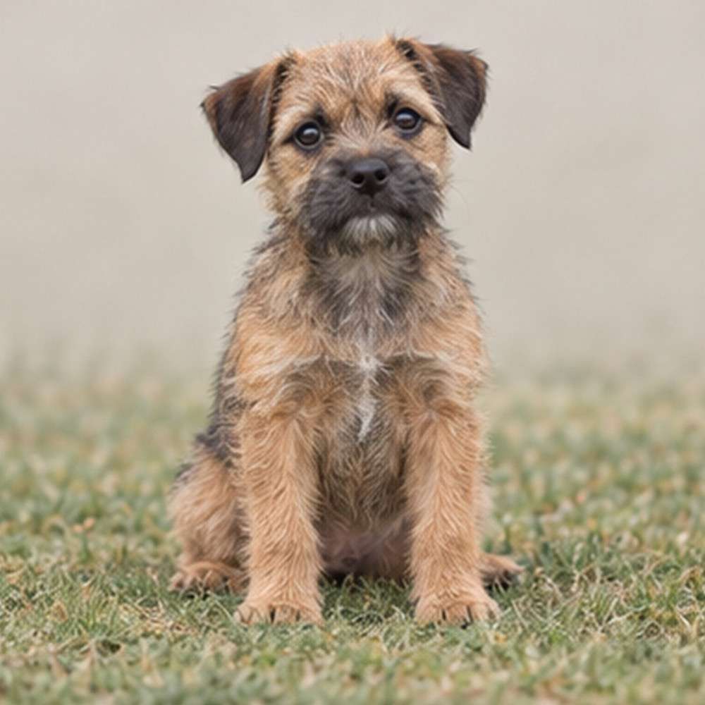 Tan and grizzled coat, alert posture, small size, bright eyes