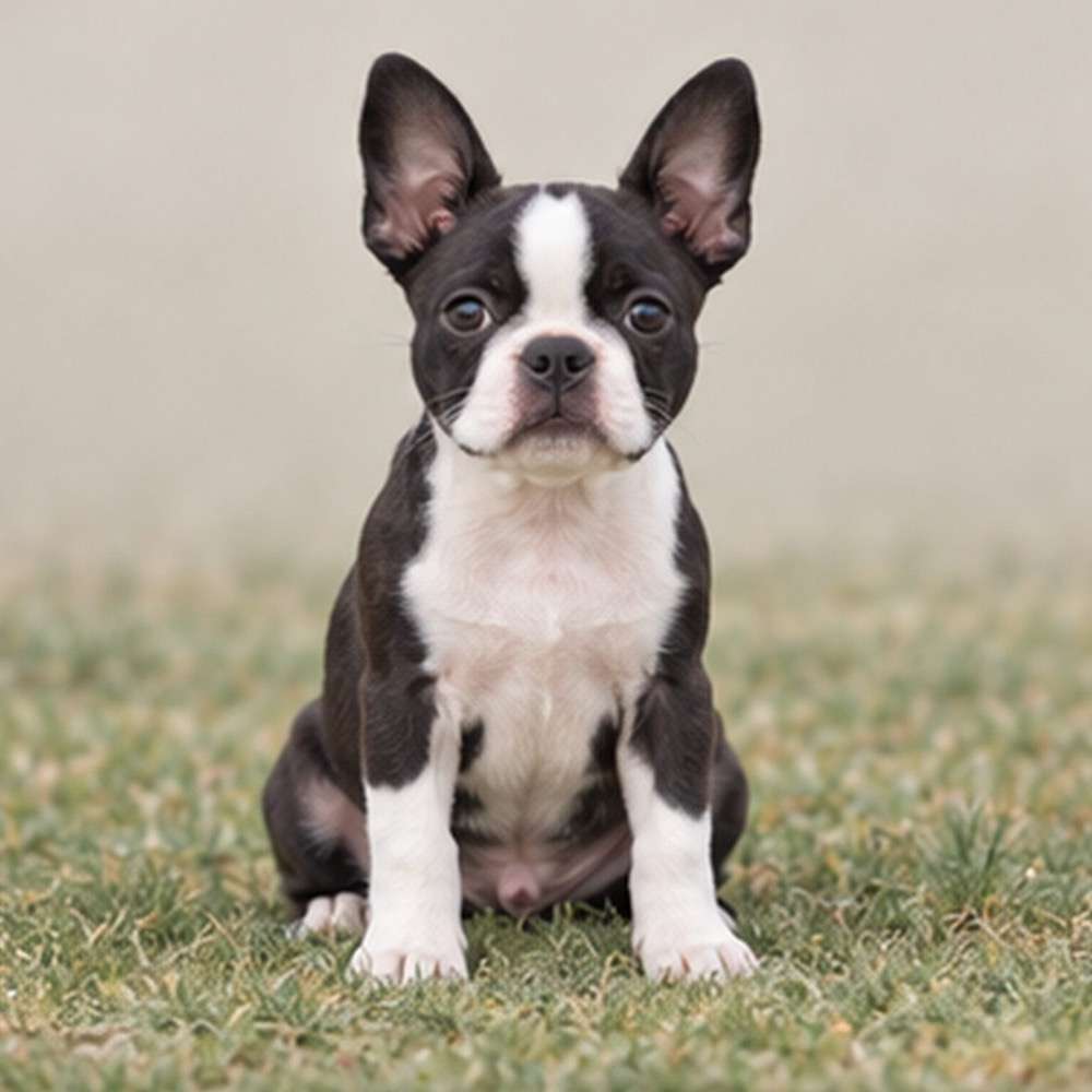 Black and white Boston Terrier with large expressive eyes, standing proudly