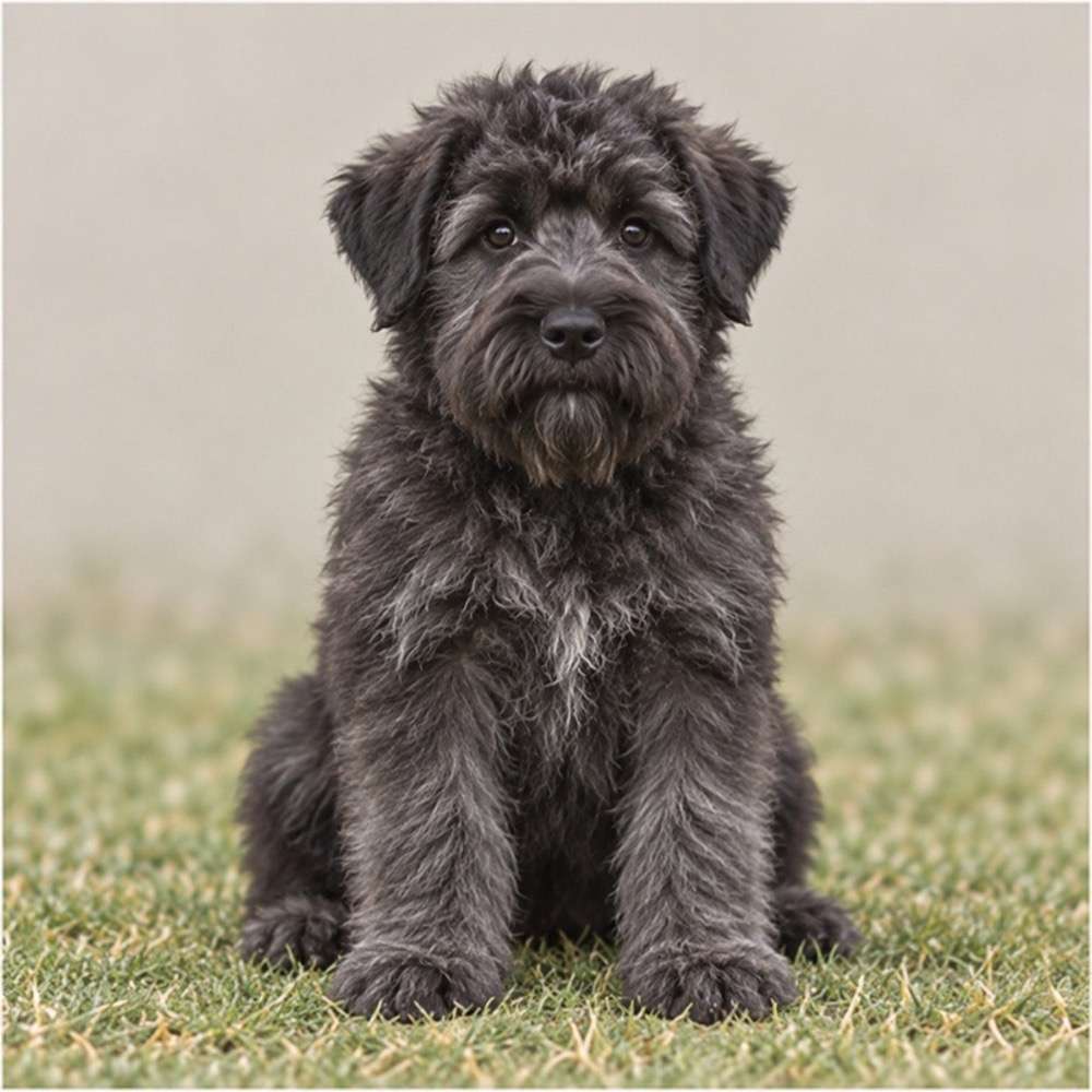 Large, shaggy dog with a brindle coat, standing proudly in a grassy field