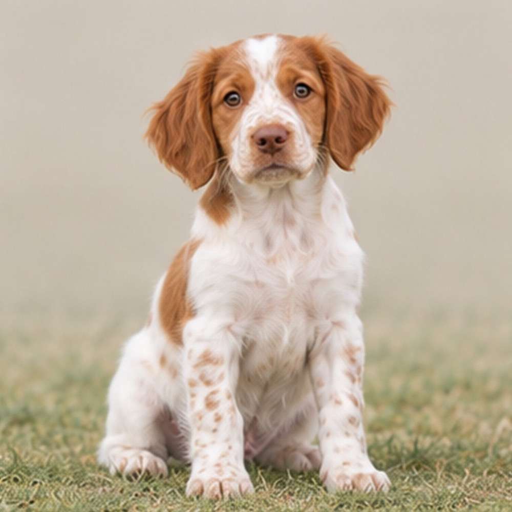 A lively Brittany with orange and white fur, standing alert in a field