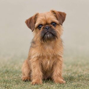 Small, scruffy dog with a reddish-brown coat, standing attentively