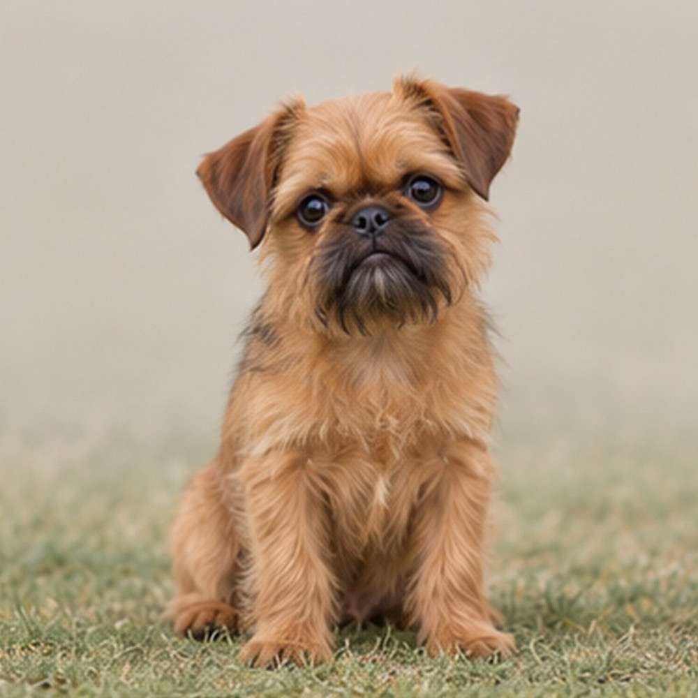 Small, scruffy dog with a reddish-brown coat, standing attentively