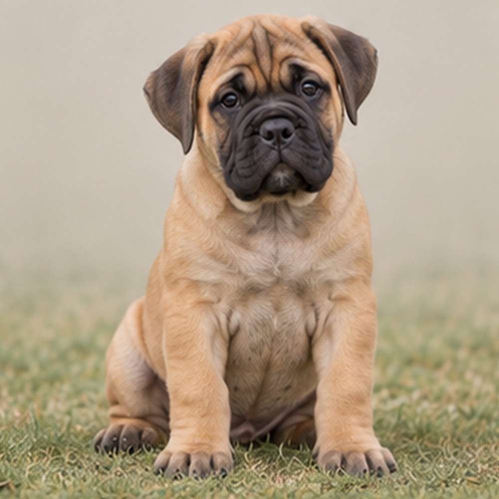 Large brindle bullmastiff standing proudly, showcasing its muscular build and loyal demeanor