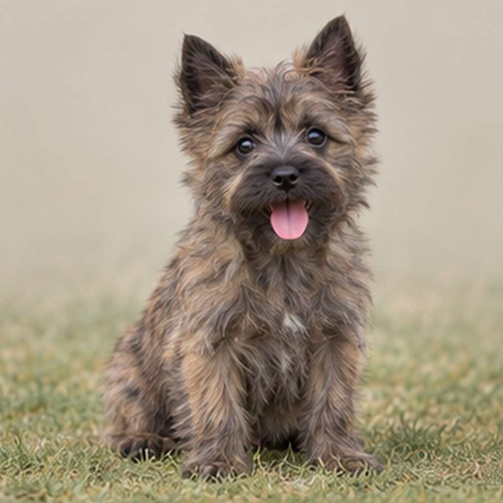 Small, wiry dog with a rough coat in various shades of brown, alert stance