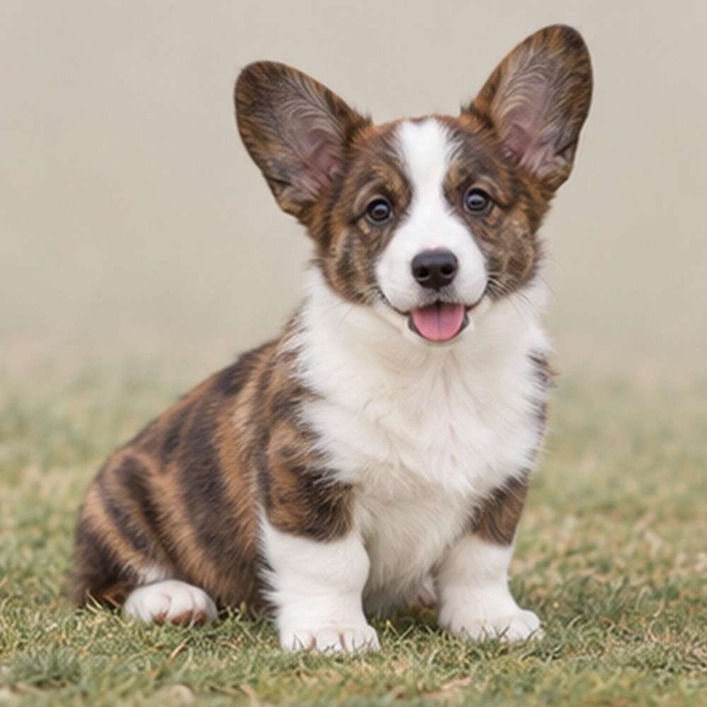 Tricolor Cardigan Welsh Corgi sitting proudly, with expressive ears and a thick coat