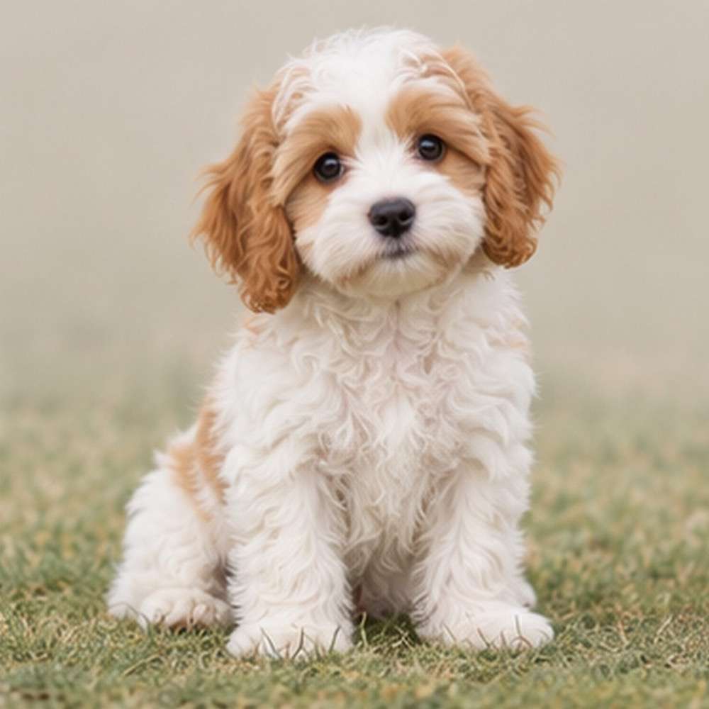 Fluffy, curly coat with tan and white coloring, sitting attentively