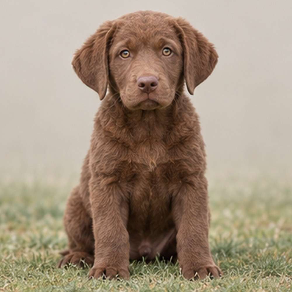 A Chesapeake Bay Retriever with a thick, wavy coat sitting proudly by water