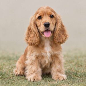Fluffy, golden coat dog sitting attentively with a happy expression