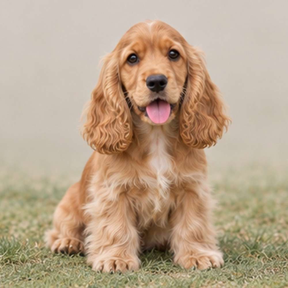 Fluffy, golden coat dog sitting attentively with a happy expression