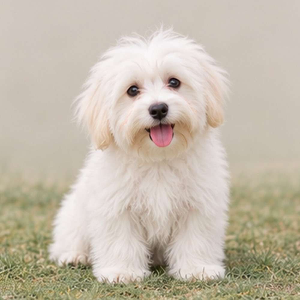 Fluffy, white dog with joyful expression sitting on grass