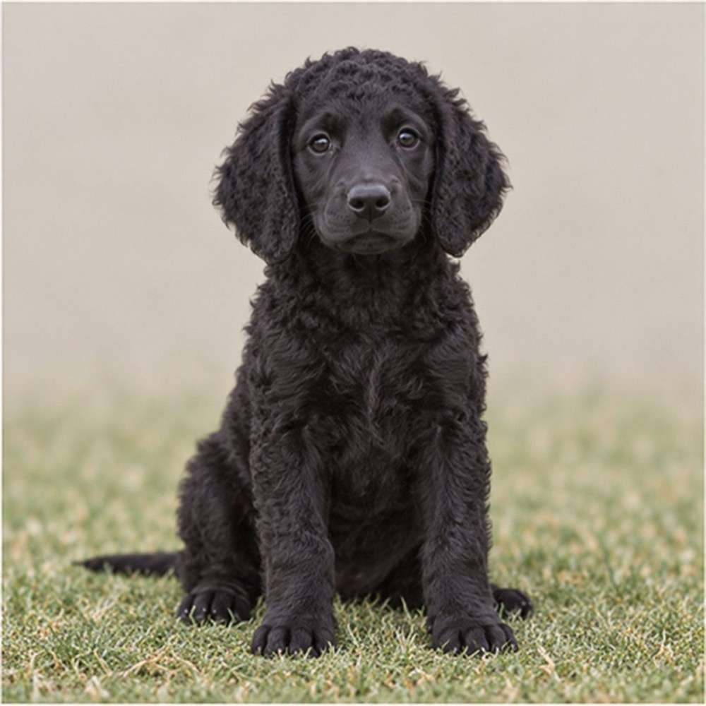 Shiny, curly black coat, alert posture, standing on lush green grass
