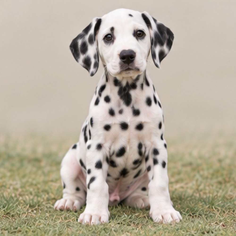 Spotted white dog standing proudly, short coat, alert posture, and playful expression