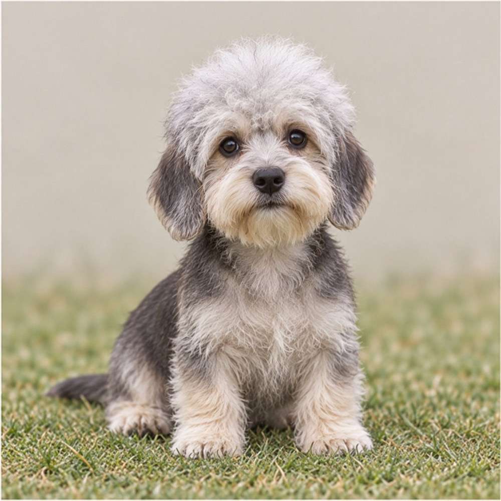 A small dog with a long body, wiry coat, and distinctive topknot, standing proudly