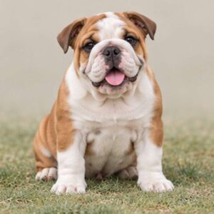 Chestnut and white English Bulldog sitting proudly with a wrinkled face