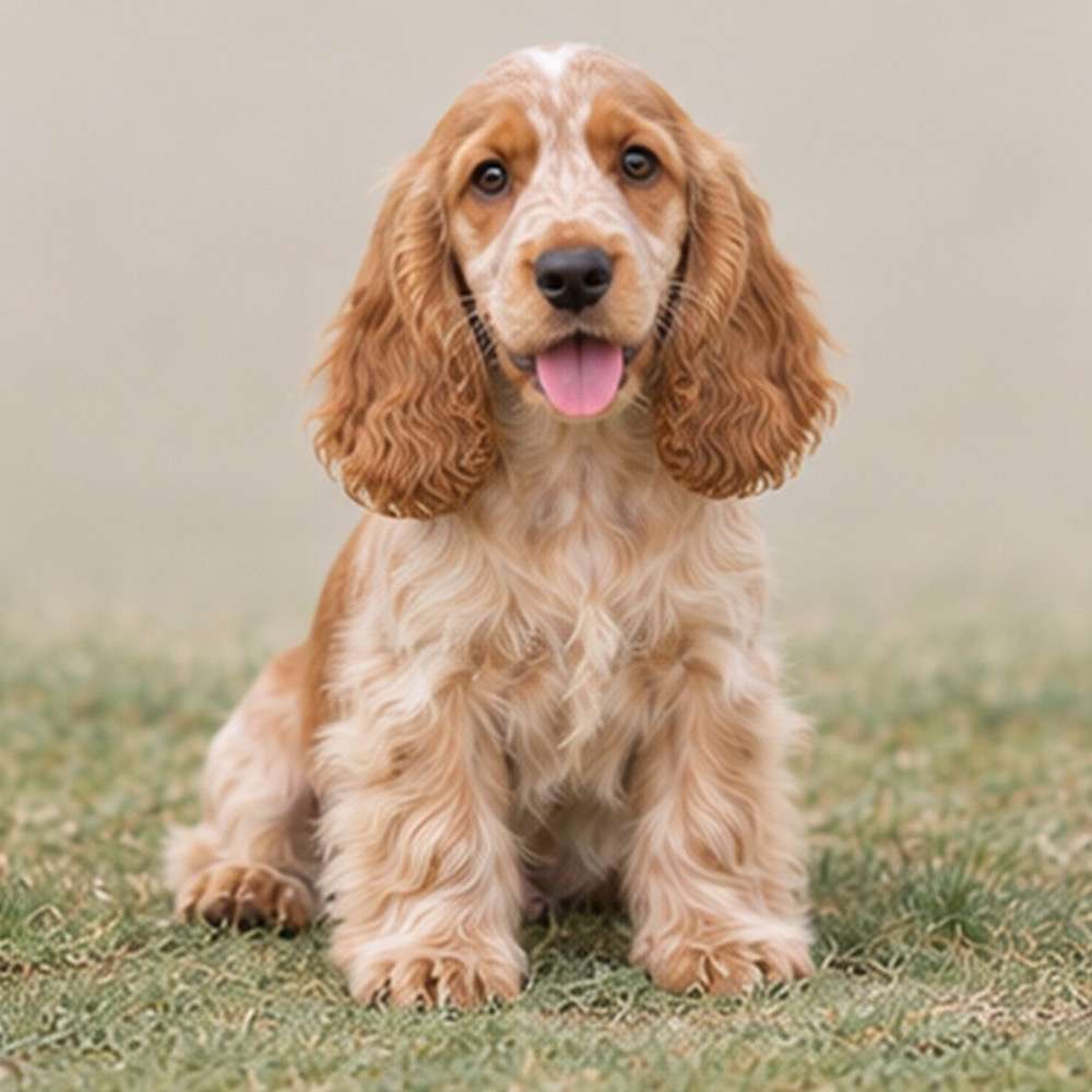 Soft, wavy coat in golden brown, friendly expression, standing alert in grass