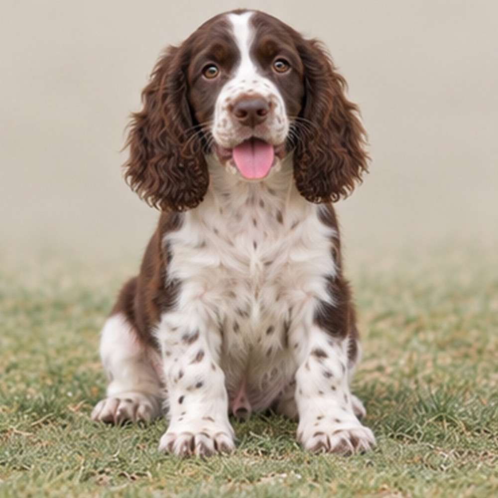 A lively English Springer Spaniel with a glossy coat, sitting outdoors, ears flopped down