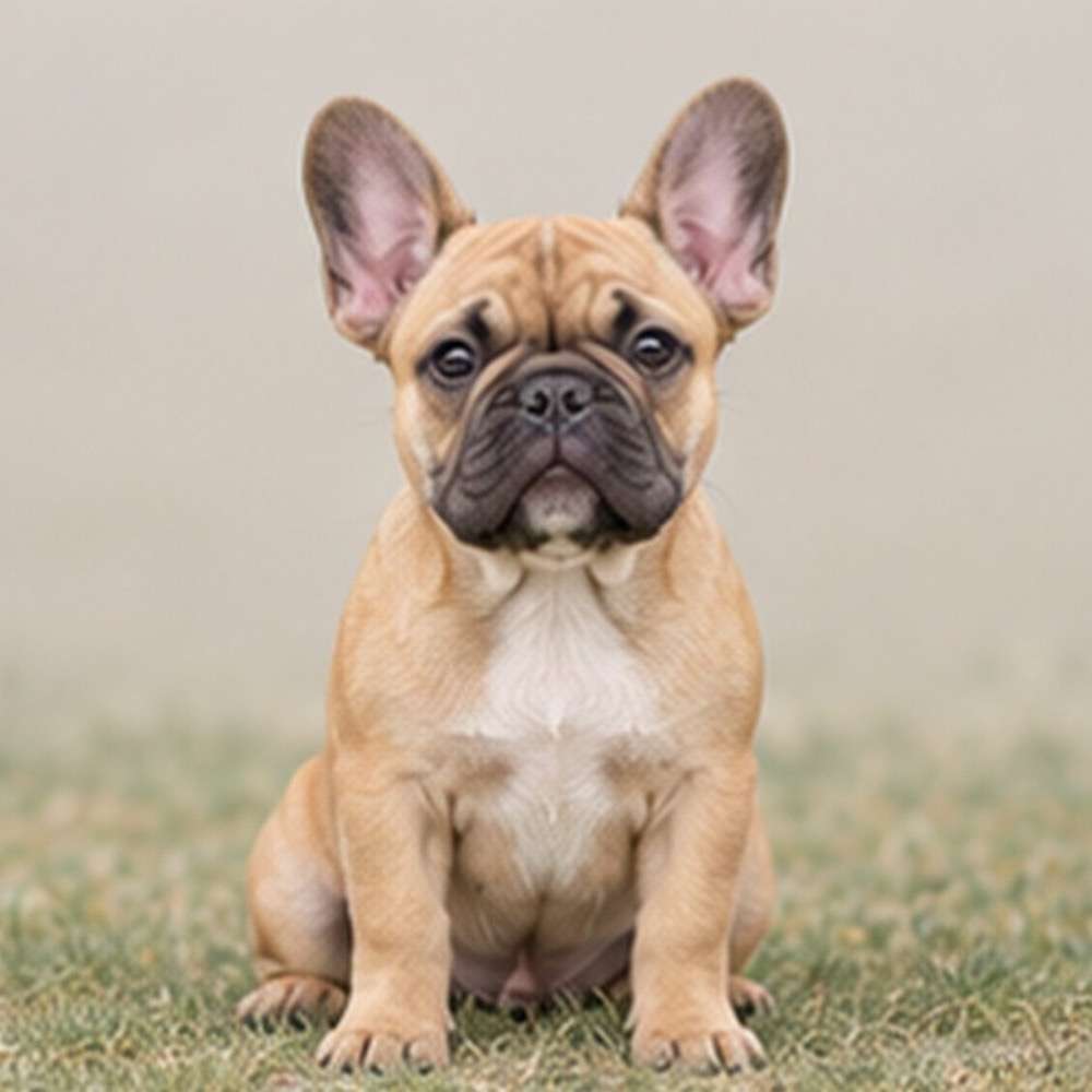 Brindle French Bulldog sitting confidently, with a stocky build and perky ears