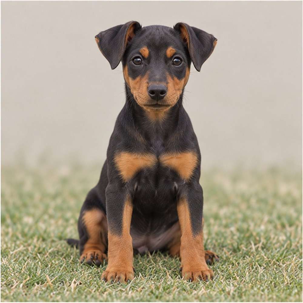 Sleek black and tan dog standing alert with erect ears and muscular stance