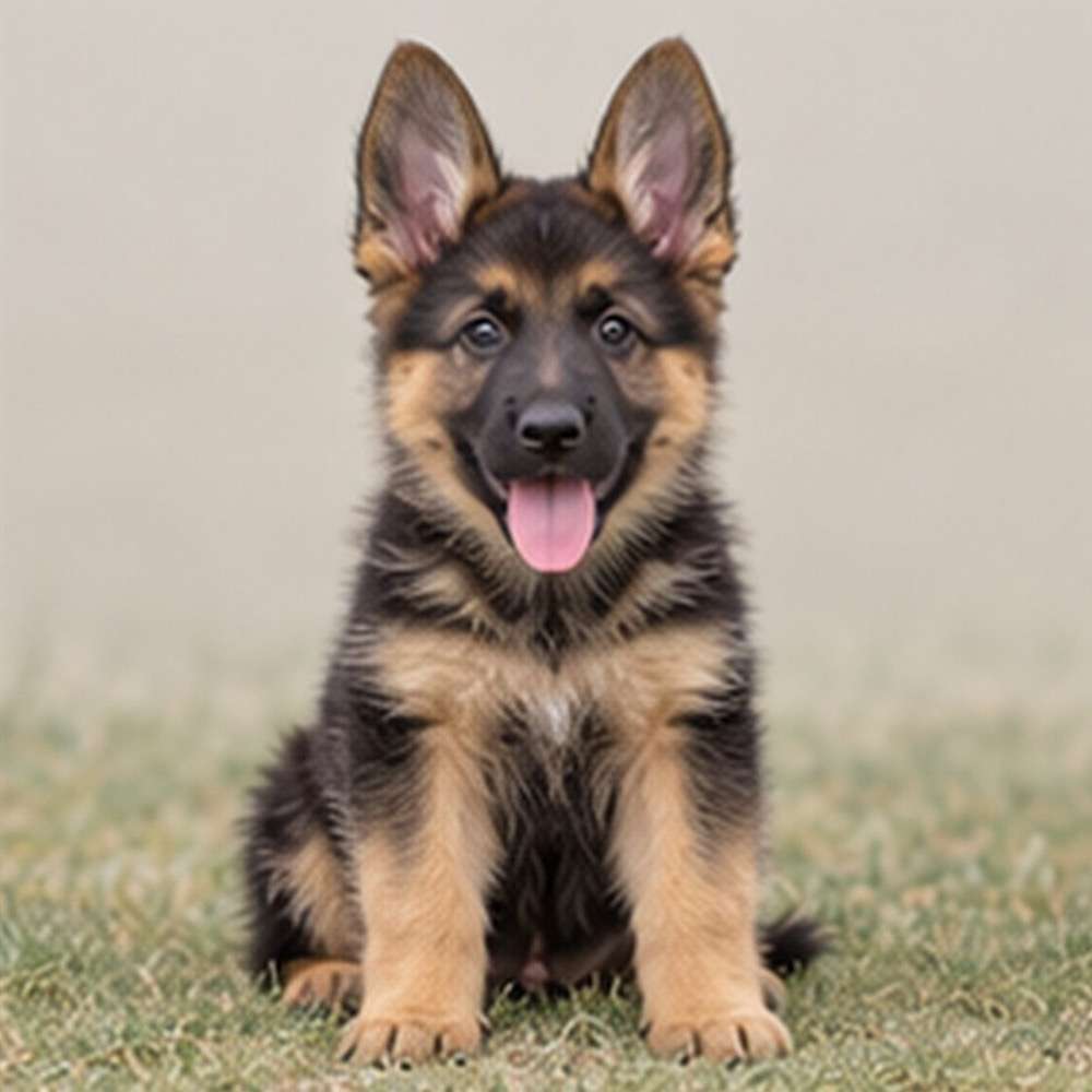 Black and tan German Shepherd standing alert in a green field