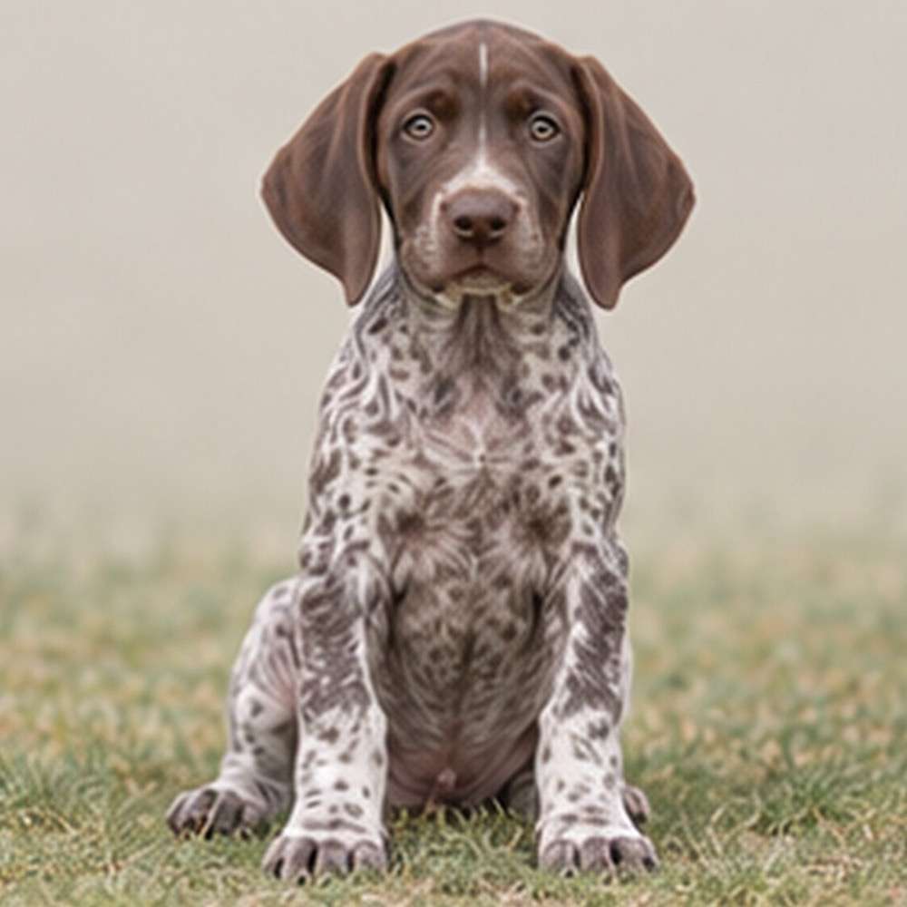 Lively dog with a sleek, brown and white coat, standing alert in a field