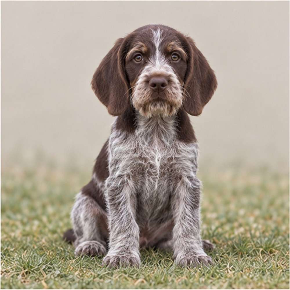 Liver-and-white coated dog with a dense, wiry coat, standing alert