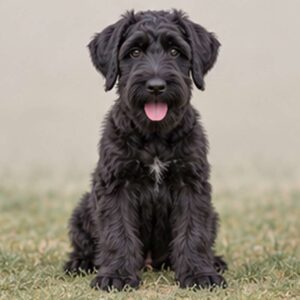 Large, black dog with a thick, wiry coat standing proudly