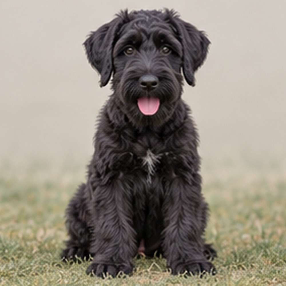 Large, black dog with a thick, wiry coat standing proudly