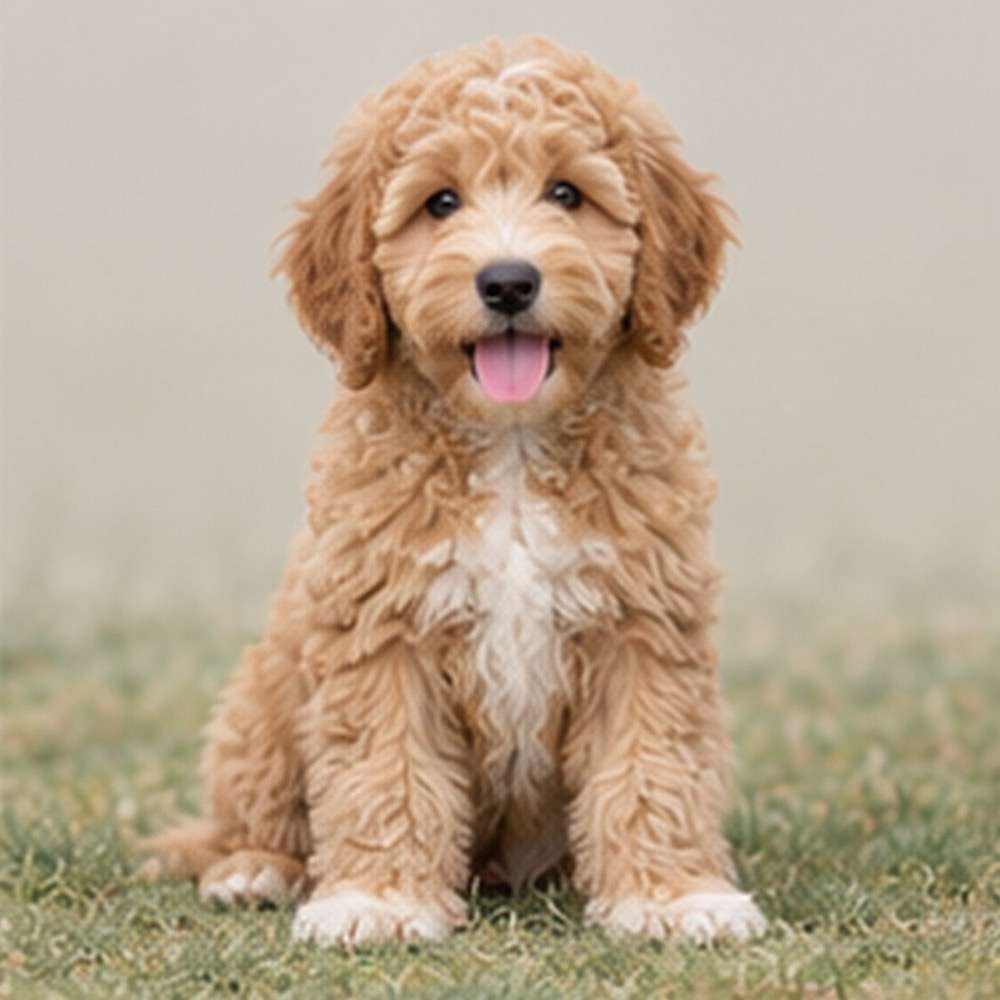 Fluffy, curly golden coat, playful stance, expressive dark eyes