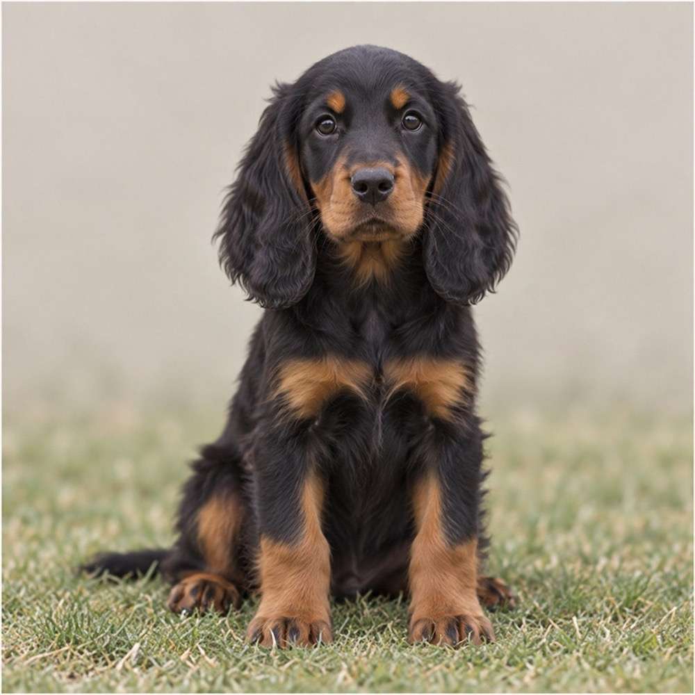 Sleek black and tan dog, standing tall with a shiny coat