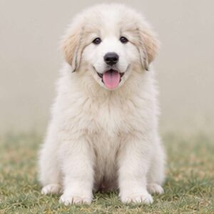 Fluffy white dog standing majestically on grass, with alert expression and slightly raised ears