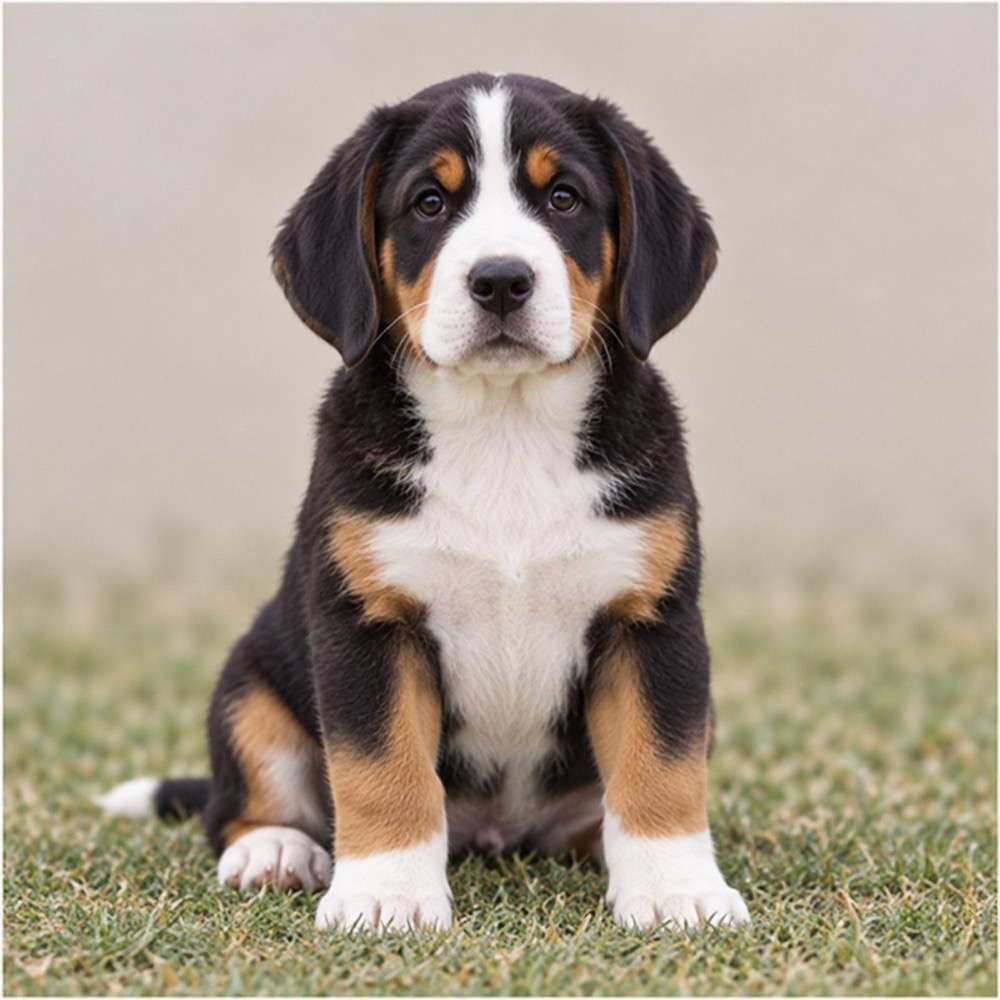 Large, strong dog with black, white, and rust coat, standing proudly outdoors